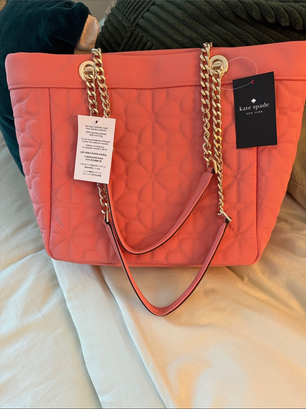 kate spade Quilted Coral-Pink Tote with Gold Chain Straps